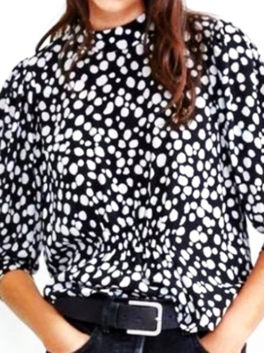 Zara Mock neck Puff Sleeve Top Blouse Size M Black White - Picture 1 of 8